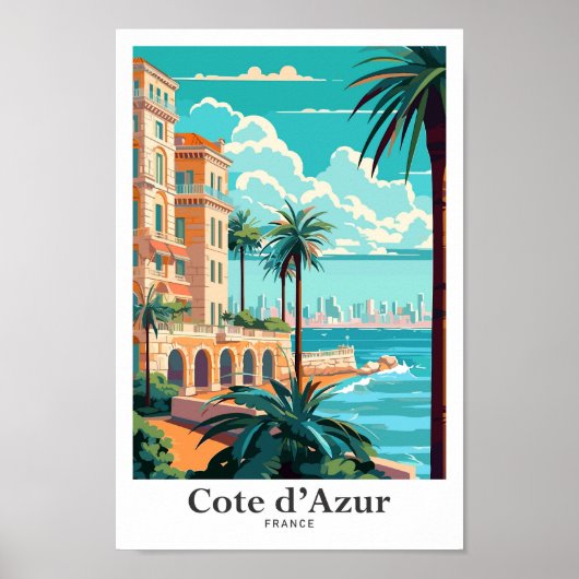 Cote d'Azur Frankrijk Vintage Travel Illustration Poster (Voorkant)