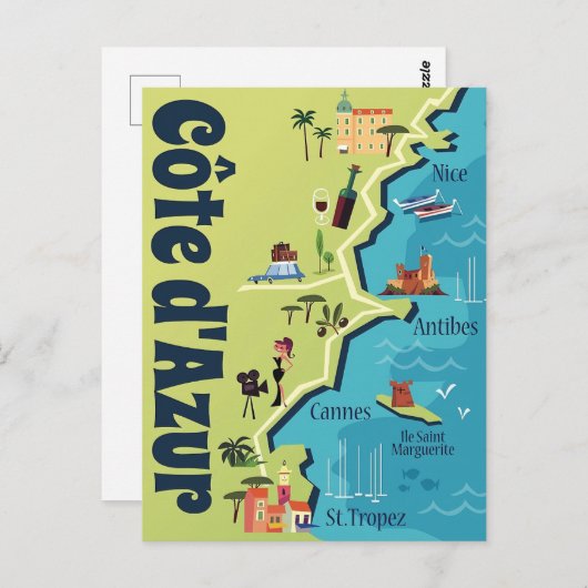 Cote d'Azur, geïllustreerde kaart (Voorkant / Achterkant)