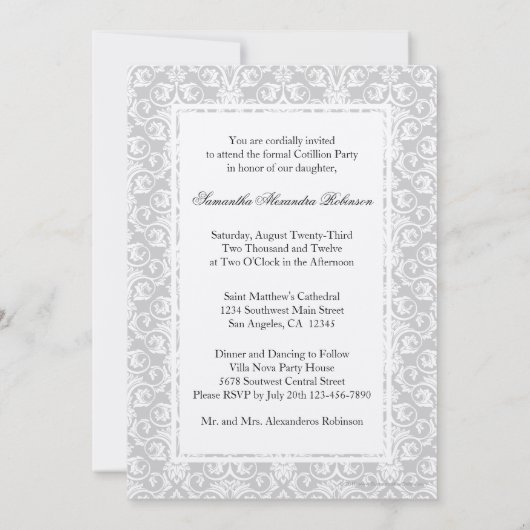 Cotillion Silver Shimmer Damask Photo-uitnodiginge Kaart (Achterkant)