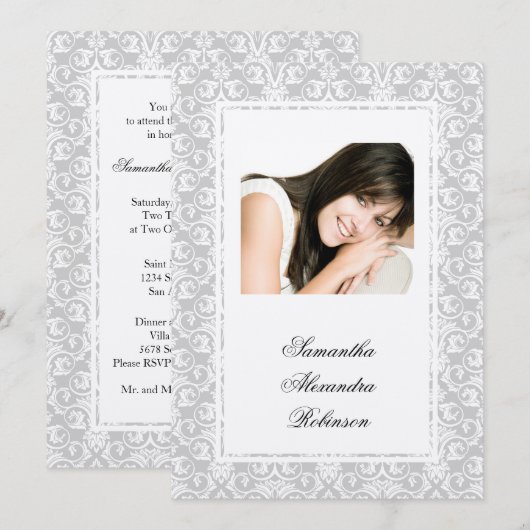 Cotillion Silver Shimmer Damask Photo-uitnodiginge Kaart (Voorkant / Achterkant)