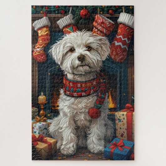 Coton De Tulear-hond met kerstcadeaus bij de open Legpuzzel (Verticaal)
