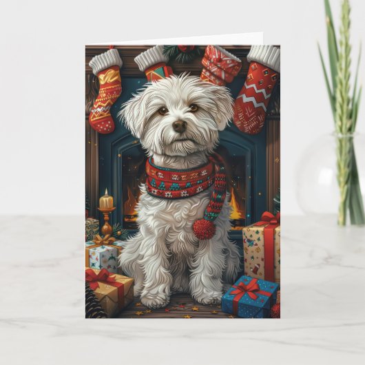 Coton de Tulear hond met kerstcadeaus open haard Kaart (Voorkant)