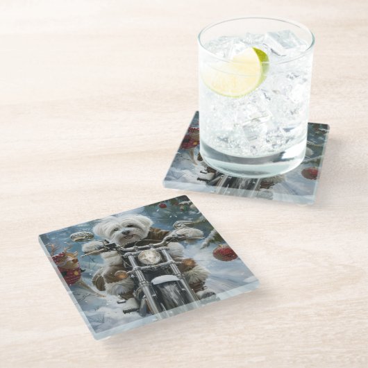 Coton De Tulear Hond Rijden Motorfiets Kerstmis Glazen Onderzetter (Schuin)