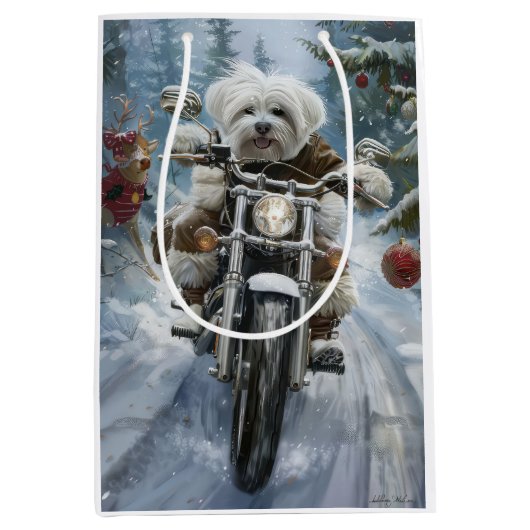 Coton De Tulear Hond Rijden Motorfiets Kerstmis Medium Cadeauzakje (Voorkant)