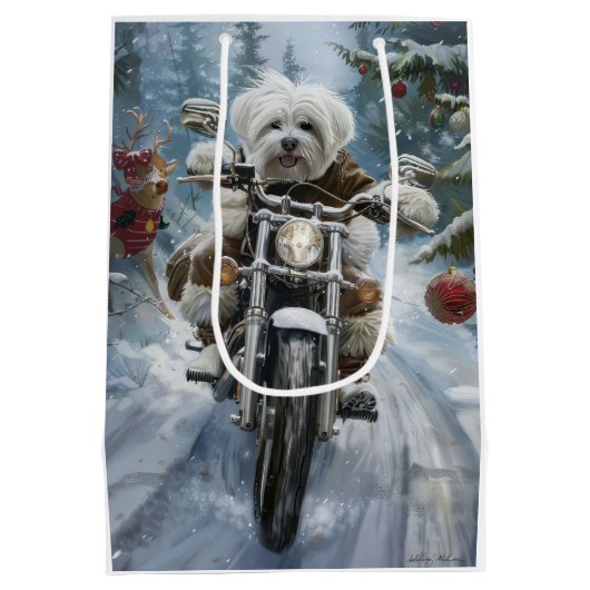 Coton De Tulear Hond Rijden Motorfiets Kerstmis Medium Cadeauzakje (Achterkant)