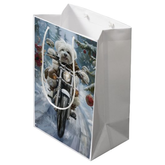 Coton De Tulear Hond Rijden Motorfiets Kerstmis Medium Cadeauzakje (Achterkant Gekanteld)