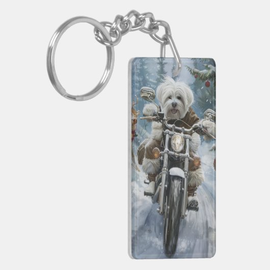 Coton De Tulear Hond Rijden Motorfiets Kerstmis Sleutelhanger (Voorkant Links)