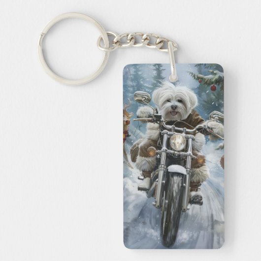 Coton De Tulear Hond Rijden Motorfiets Kerstmis Sleutelhanger (Voorkant)