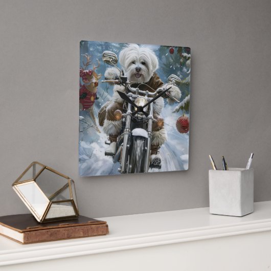 Coton De Tulear Hond Rijden Motorfiets Kerstmis Vierkante Klok (Kantoor)