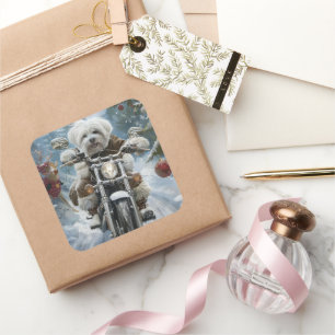 Coton De Tulear Hond Rijden Motorfiets Kerstmis Vierkante Sticker