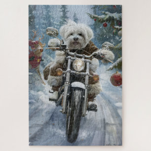 Coton De Tulear-hond rijdt op motorfiets met Kerst Legpuzzel