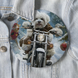 Coton De Tulear-hond rijdt op motorfiets met Kerst Ronde Button 6,0 Cm