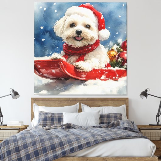 Coton De Tulear in Sledge Laat het Sneeuw Kerstmis Canvas Afdruk (Insitu (Slaapkamer))
