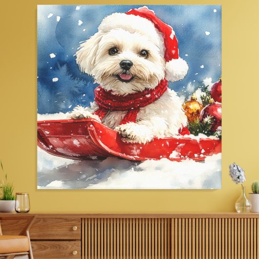 Coton De Tulear in Sledge Laat het Sneeuw Kerstmis Canvas Afdruk (Insitu (Woonkamer))