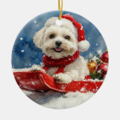 Coton De Tulear in Sledge Laat het Sneeuw Kerstmis Keramisch Ornament (Voorkant)