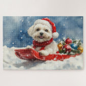 Coton De Tulear in Sledge Laat het Sneeuw Kerstmis Legpuzzel (Horizontaal)