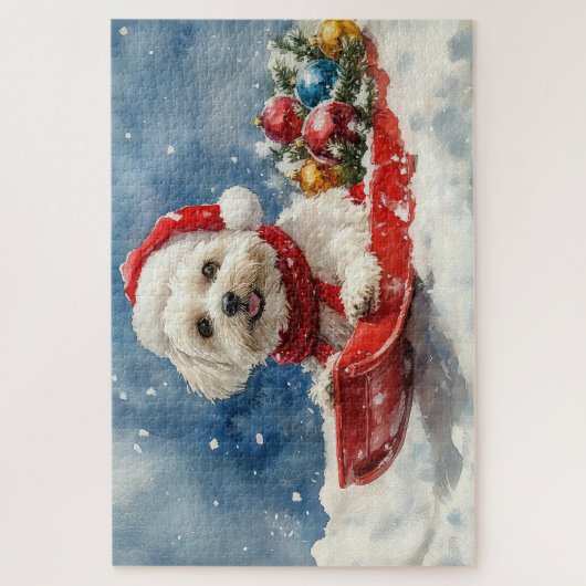 Coton De Tulear in Sledge Laat het Sneeuw Kerstmis Legpuzzel (Verticaal)