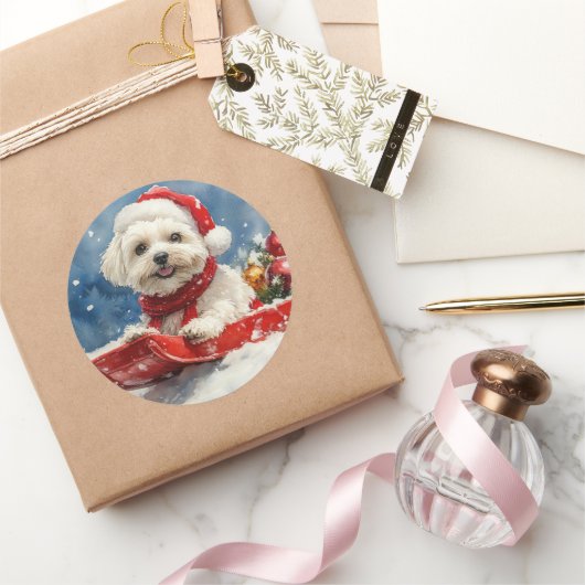 Coton De Tulear in Sledge Laat het Sneeuw Kerstmis Ronde Sticker (Geschenken)