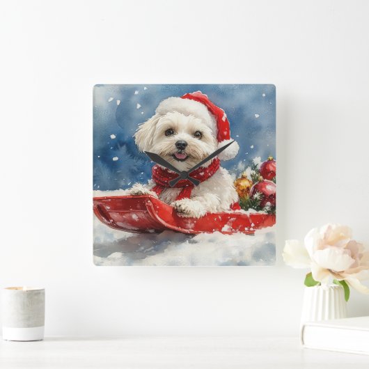 Coton De Tulear in Sledge Laat het Sneeuw Kerstmis Vierkante Klok (Huis)