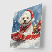 Coton De Tulear in Sledge Laat het Sneeuw Kerstmis Vierkante Klok (Hoek)