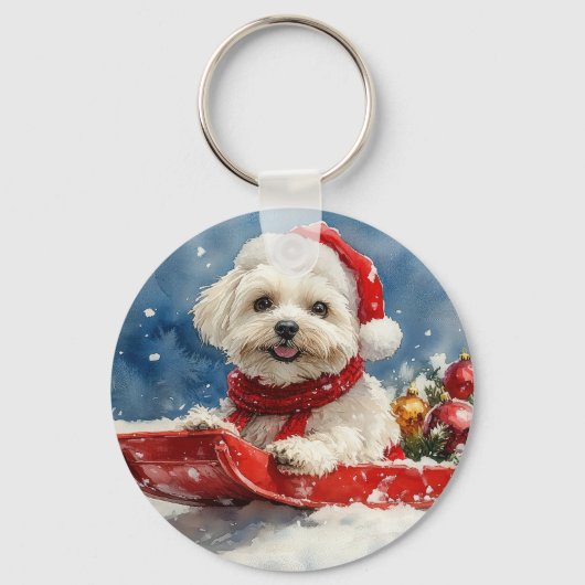 Coton De Tulear in slee Let it Snow Kerstmis Sleutelhanger (Voorkant)