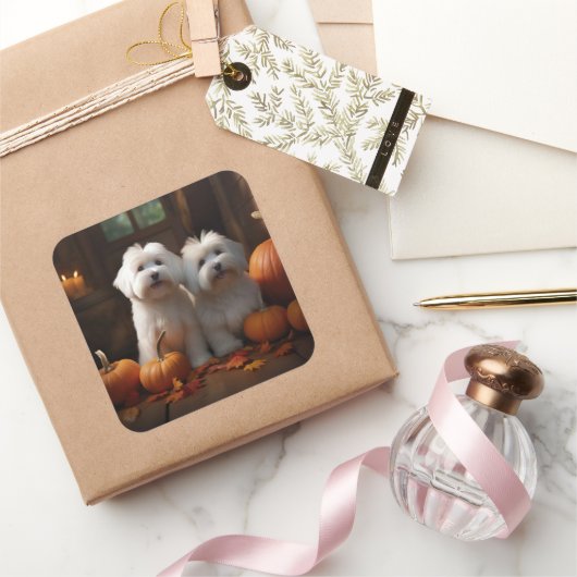 Coton De Tulear Puppy Herfst Delight Pompoen Vierkante Sticker (Geschenken)
