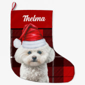 Coton de Tulear Red Plaid en Honden Naam Grote Kerstsok (Voorkant)