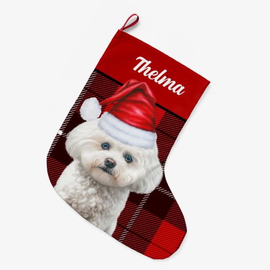 Coton de Tulear Red Plaid en Honden Naam Grote Kerstsok (Voorkant (Hangend))