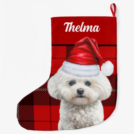 Coton de Tulear Red Plaid en Honden Naam Grote Kerstsok (Achterkant)