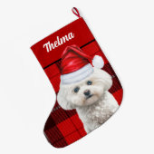 Coton de Tulear Red Plaid en Honden Naam Grote Kerstsok (Achterkant (Hangend))