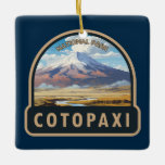 Cotopaxi Nationaal Park Ecuador Reiskunst Vintage Keramisch Ornament<br><div class="desc">Cotopaxi vector artwork ontwerp. Het park is een groot,  bebost gebied in Ecuador en omvat delen van de provincies Cotopaxi,  Pichincha en Napo. Het is bekend om de actieve,  met sneeuw bedekte Cotopaxi-vulkaan en het uitgestrekte Limpiopungo-meer.</div>