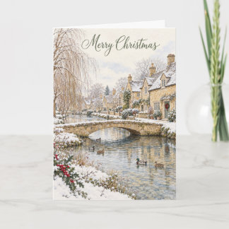 Cotswolds Stenen Brug Kerst Aquarel Feestdagen Kaart