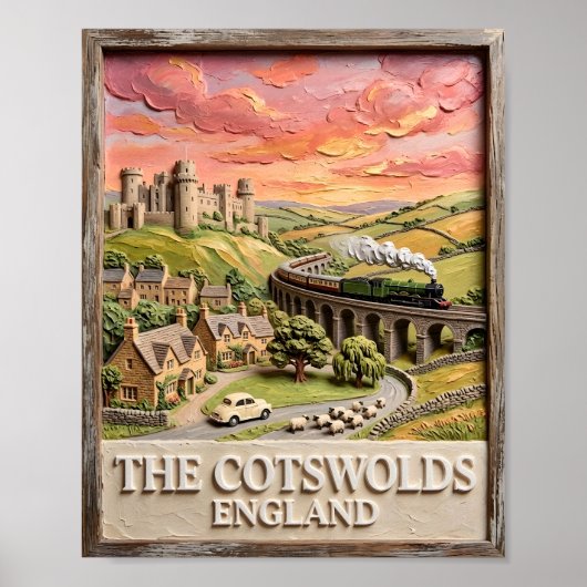 Cotswolds Stoomtrein Kasteel Platteland Engeland Poster (Voorkant)