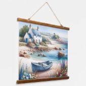 Cottage aan de kust met roeiboot aan zee hangend wandkleed (Gebogen)