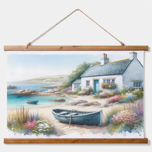 Cottage aan de kust met roeiboot aan zee hangend wandkleed (Voorkant 2)