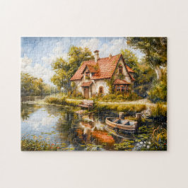 Cottage aan het meer met roeiboot legpuzzel