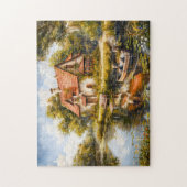 Cottage aan het meer met roeiboot legpuzzel (Verticaal)