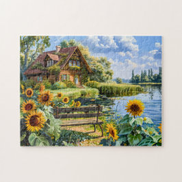 Cottage aan het meer met zonnebloemenveld legpuzzel