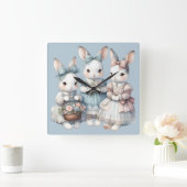 Cottage Bunny Sisters Watercolor Illustration Vierkante Klok (Huis)