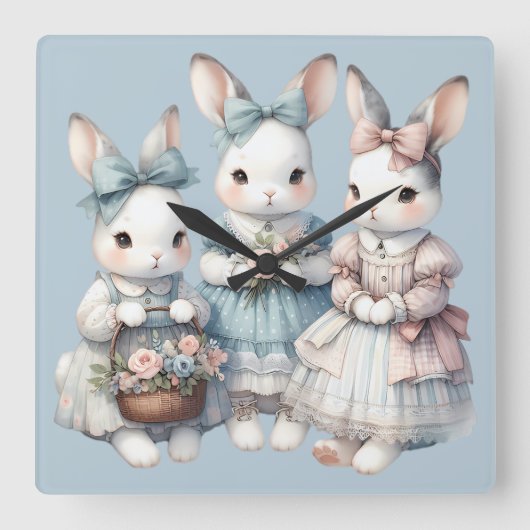 Cottage Bunny Sisters Watercolor Illustration Vierkante Klok (Voorkant)
