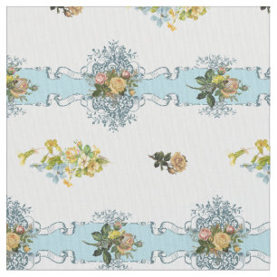 Cottage Chic Yellow Roses en Blue Ribbons Stof