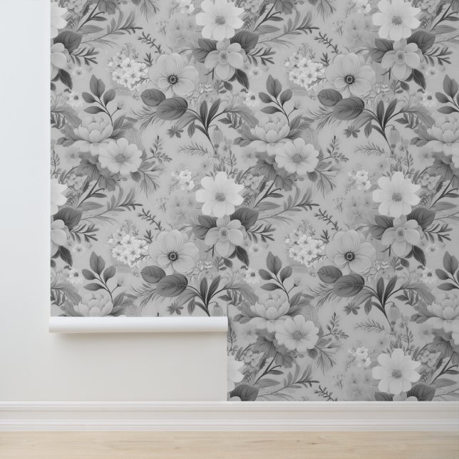 Cottage Core Bloempapavers Grijswaarden Behang (Applicatie)