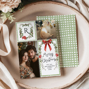 Cottage Core Monogram Bow Merry Christmas 2 Foto Feestdagenkaart