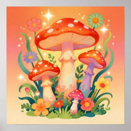 Cottage Core Mushrooms and Flowers Poster (Voorkant)