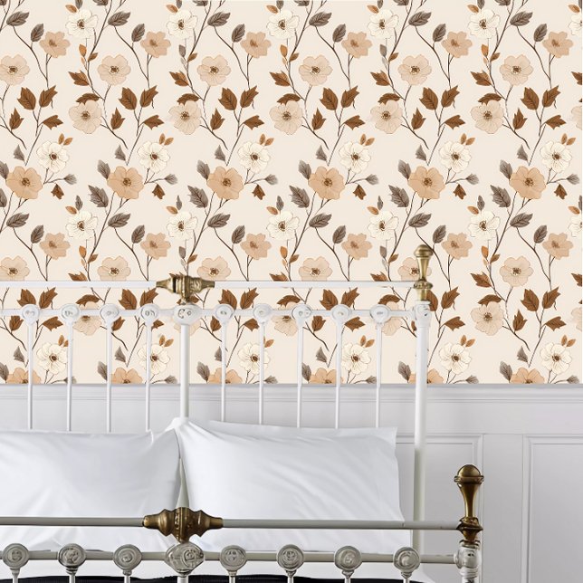 Cottage Core neutrale bloemen Behang (Cottage Core Neutral Flowers Wallpaper behind a white metal bed frame. )