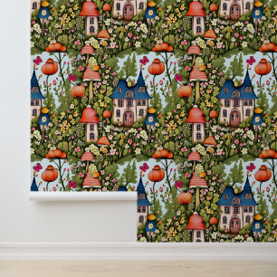 Cottage Core Paddenstoelen, Bloemen en Vlinders Behang