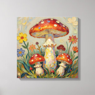 Cottage Core Paddenstoelen en Bloemen Canvas Afdruk