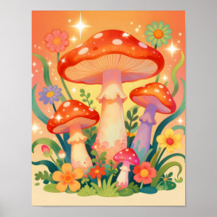 Cottage Core Paddenstoelen en Bloemen Poster