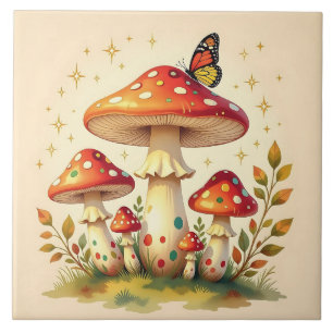 Cottage Core Vintage Paddenstoelen en Vlinder Tegeltje