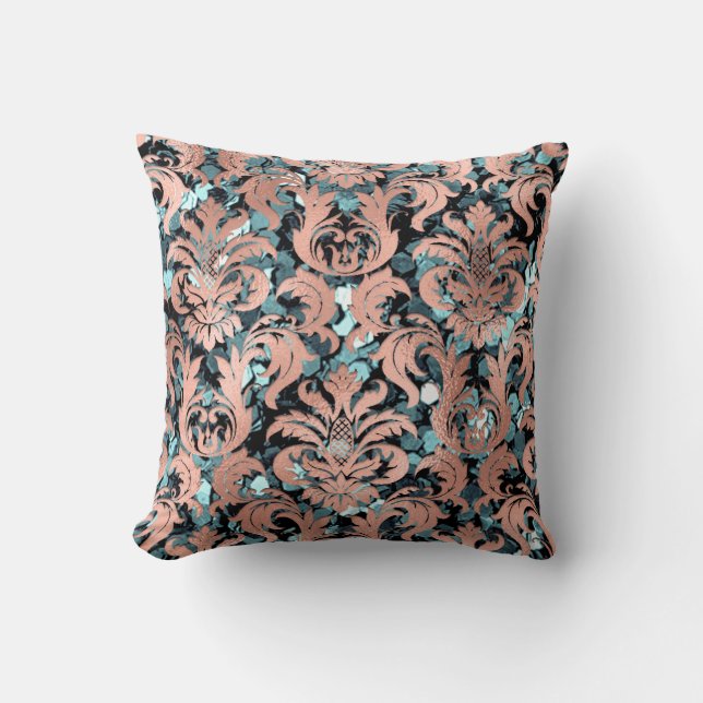 Cottage Damask Blauwgroen Blush Copper Sequin Roya Kussen (Voorkant)